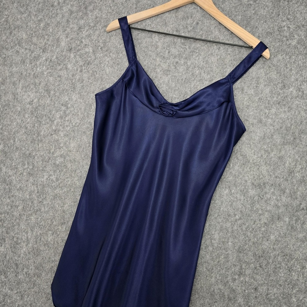 Vtg California Dynasty Nightgown Womens M Navy Satin Rose Chemise Slip Dress - Picture 3 of 13